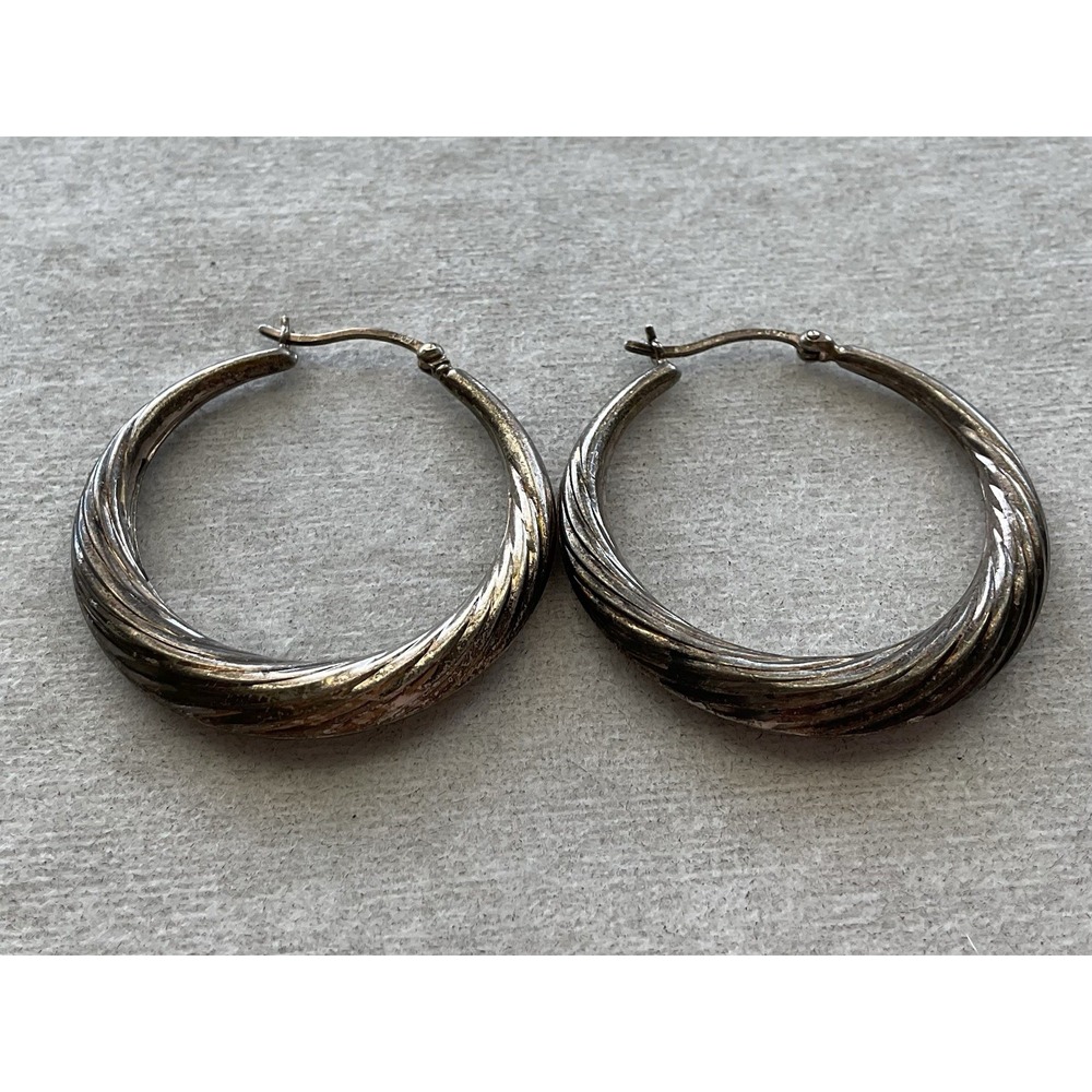 Vintage 925 sterling silver hoop earrings Textured Twist Design Estate Jewelry